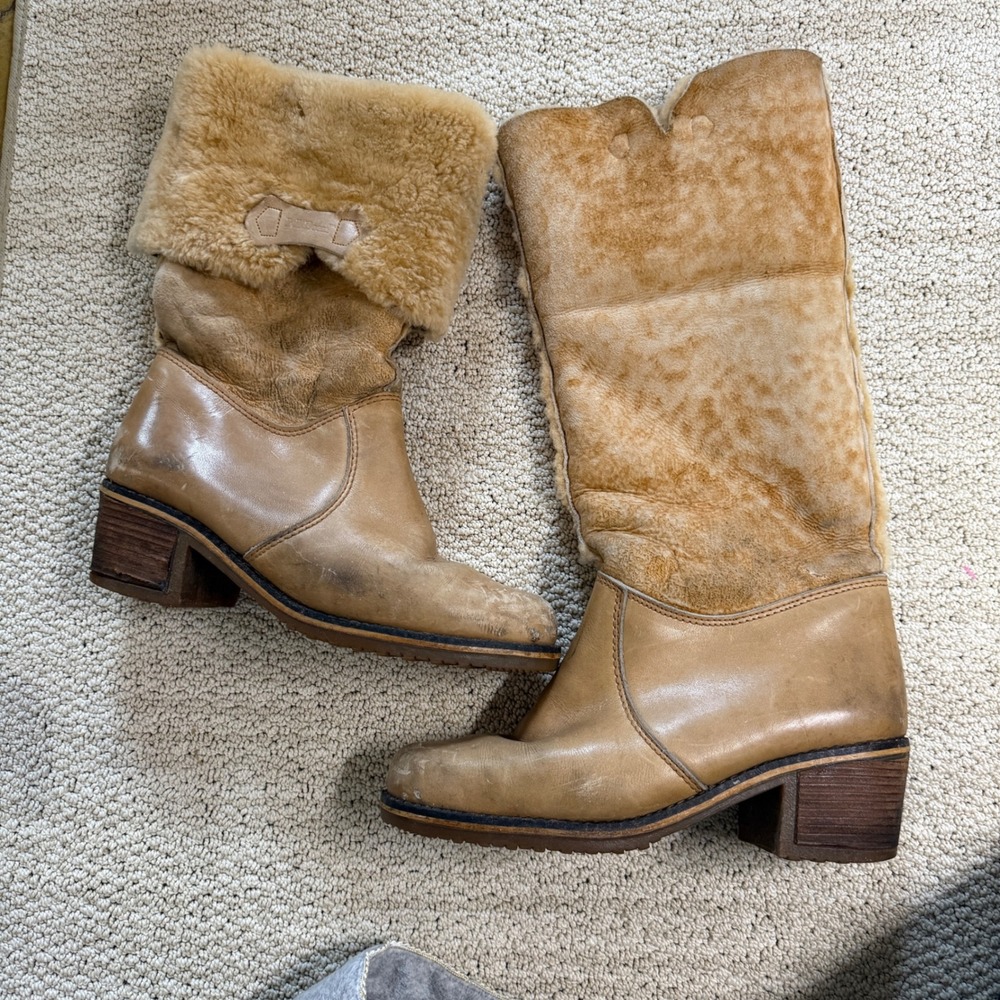 1970s Blondo for L.L. Bean shearling-lined leather and suede boots Tan 10 - Picture 5 of 13